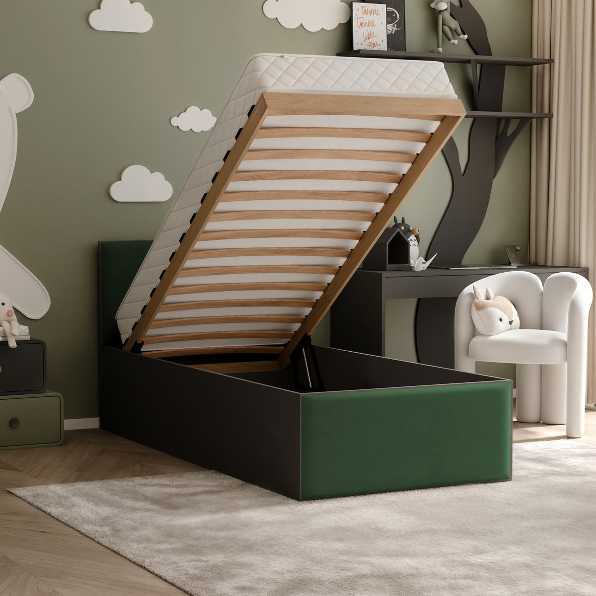 POLSTERBETT SASHI 90/200 cm Bettkasten, ohne Matratze, Schwarz / Dunkelgrün - Dunkelgrün, Holz/Holzwerkstoff (90/200cm) - Idohome