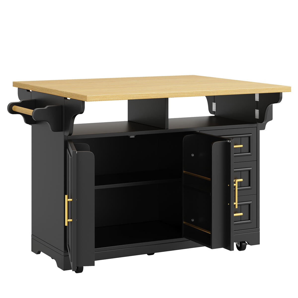 KÜCHENINSEL DE-38361 120/197 cm ausklappbar mit 3 Schubladen Schwarz - Schwarz, Holzwerkstoff (120/95/40cm) - ComfortXL