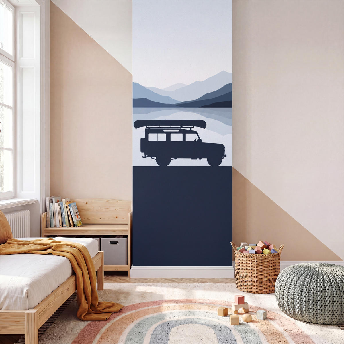 KINDERTAPETE - Auto - See - Berge - Blau - 100x300 cm - Blaugrau, Papier (100/300cm) - OnlyWow