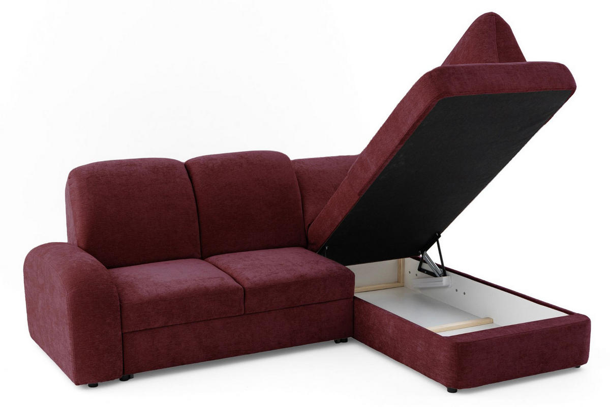 ECKSOFA VIBE L Rechts mit Schlaffunktion 129x205 Chenille Bordeaux - Bordeaux/Schwarz, Holz/Kunststoff (250/186cm) - Muffo