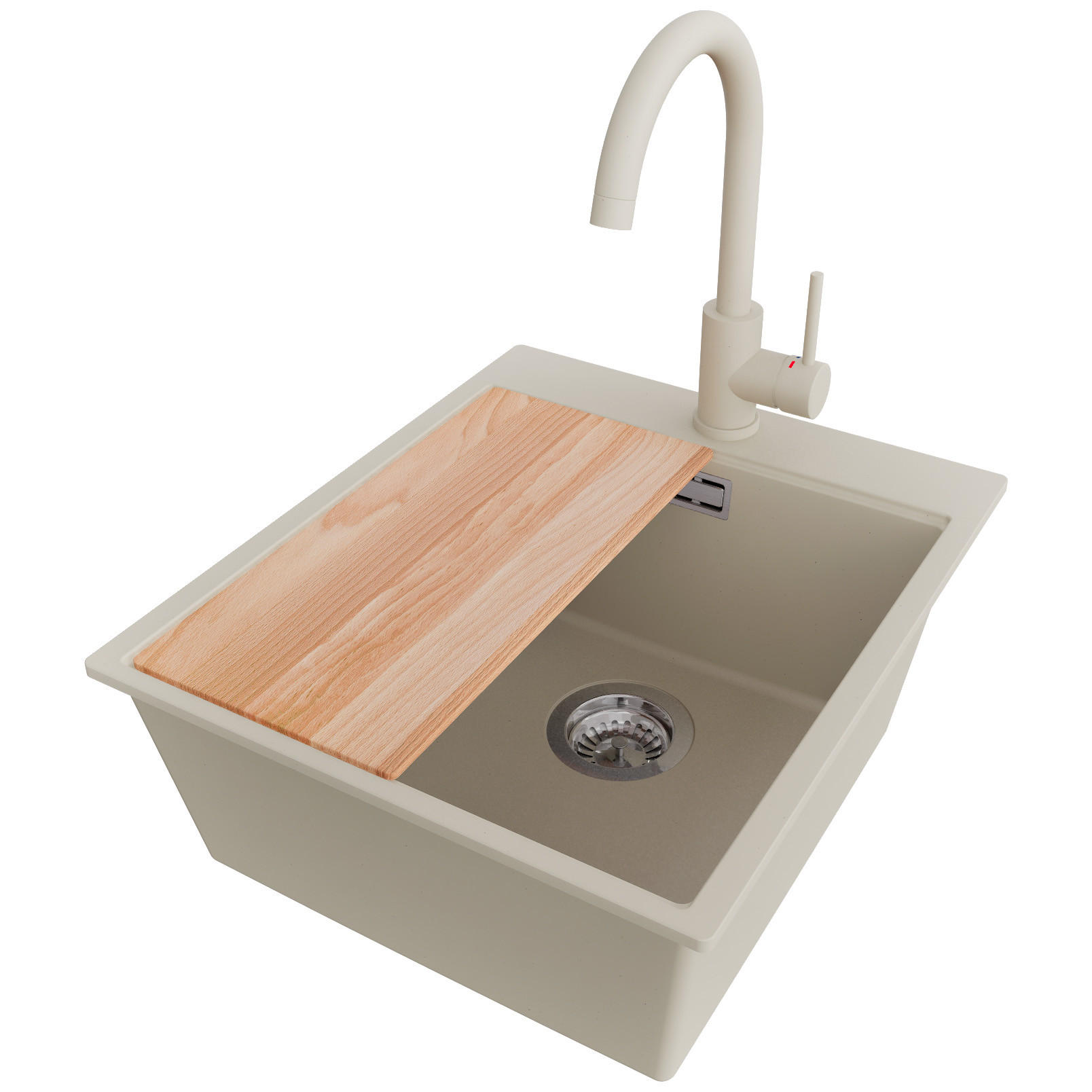 GRANITSPÜLE Oslo, 2-er set Beige 43/50 cm 1 Becken + Küchenarmatur 32/20 cm + Ablauf-Set + Schneidebrett ab 45er Unterschrank - Chromfarben/Beige, Kunststoff (43/20/50cm) - Primagran