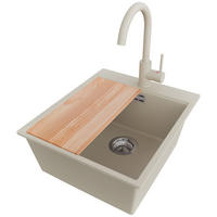 GRANITSPÜLE Oslo, 2-er set Beige 43/50 cm 1 Becken + Küchenarmatur 32/20 cm + Ablauf-Set + Schneidebrett ab 45er Unterschrank - Chromfarben/Beige, Kunststoff (43/20/50cm) - Primagran