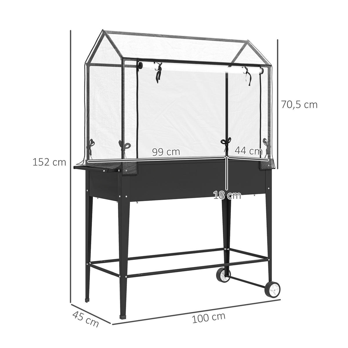 HOCHBEET DE-16020 mit PVC-Abdeckung & Rollen Schwarz - Schwarz, Metall (100/152/45cm) - ComfortXL