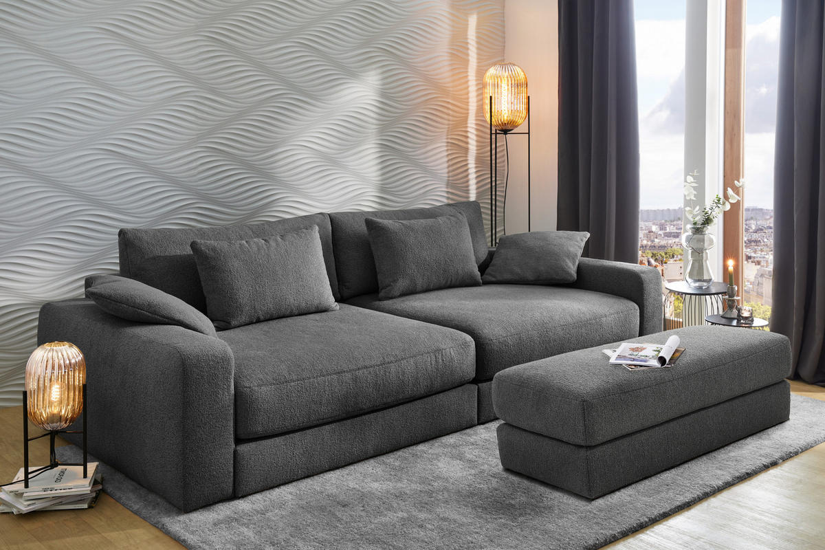BIG-SOFA mit Federkern B290/T135/H90 cm extratief, Liegefläche 122x240 cm, Flachgewebe Dunkelgrau / 15248 - Dunkelgrau/Schwarz, Kunststoff/Textil (290/90/135cm) - luma-home