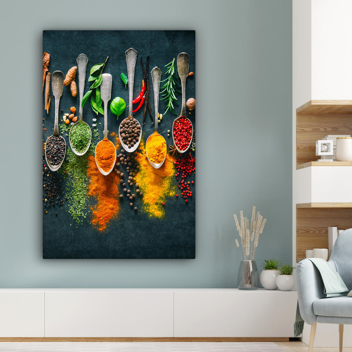 LEINWANDBILD Kräuter - Gewürze - Löffel Deko XXL 80x120 cm - Currygelb, Textil (80/120cm) - MuchoWow