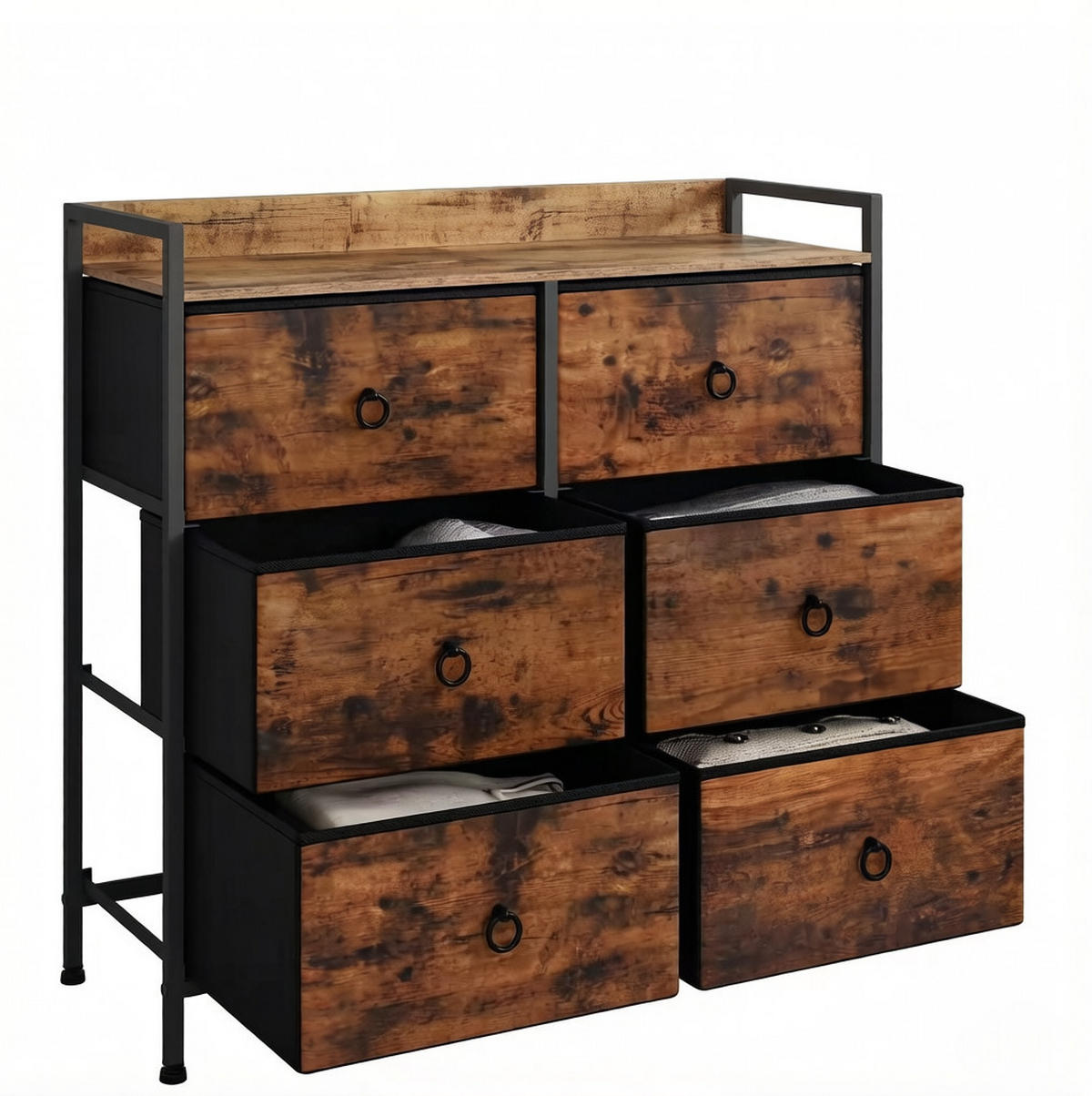 KOMMODE mit 6 Stoffschubladen in Rustikal Braun und Schwarz 80x29x78 cm - Schwarz, Holz (29/78/80cm) - IVMEU
