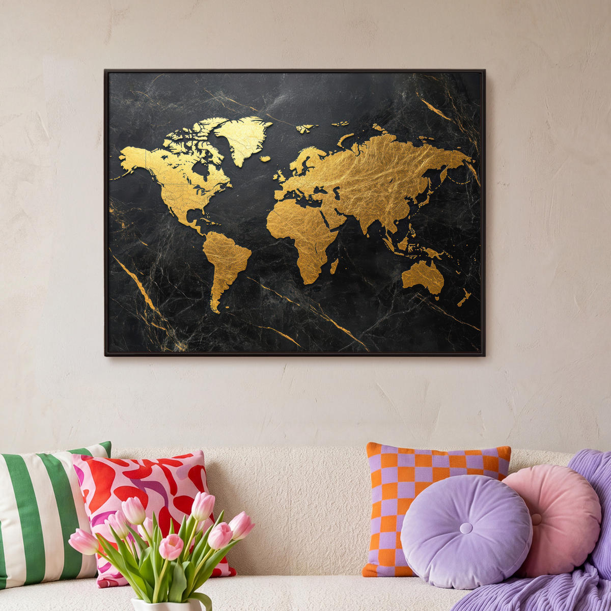 LEINWAND Bilder mit Rahmen - Weltkarte - Gold - Marmor - 100x70 - Goldfarben, Textil (100/70cm) - MuchoWow