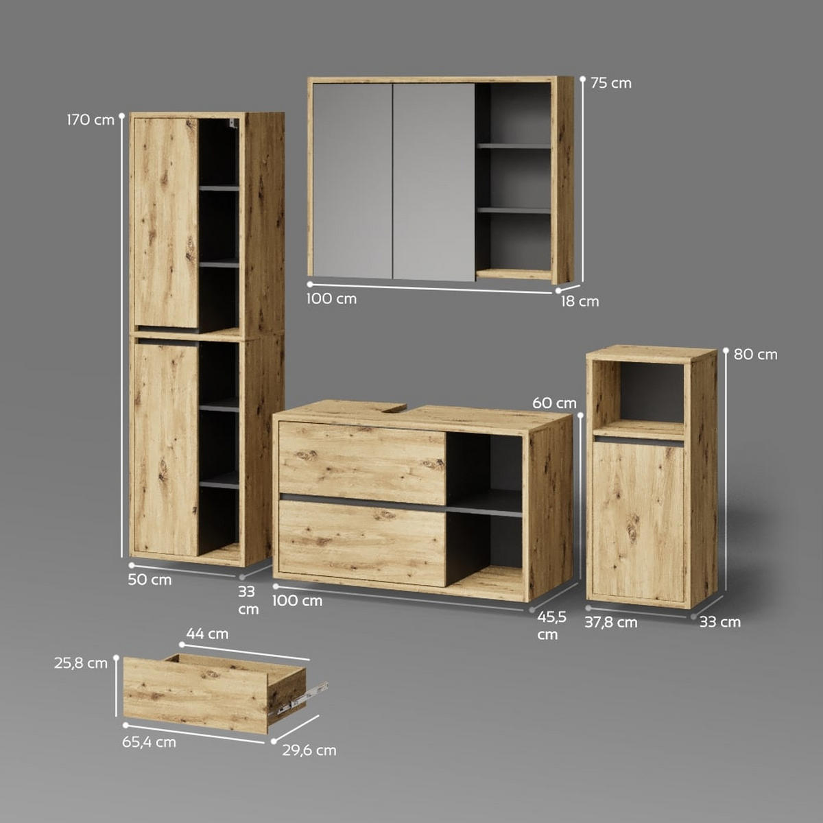 BADMÖBEL-SET Vomano Braun 4 Teile - Anthrazit/Braun, Holzwerkstoff (45/100/60cm) - Livinity®