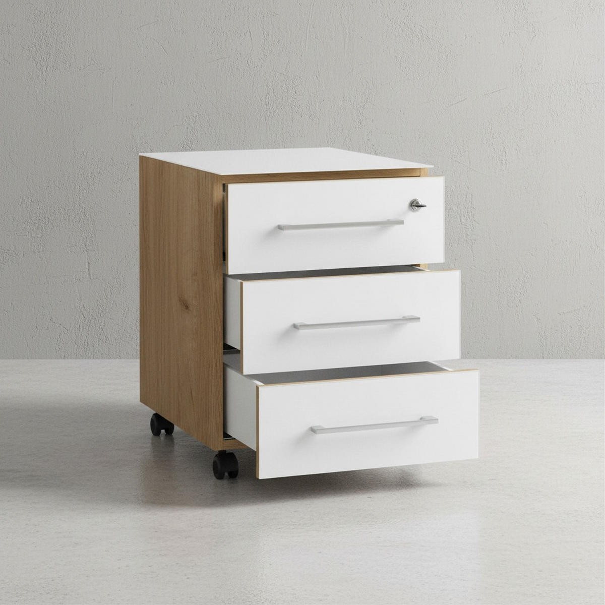 ROLLCONTAINER Glasfront 3 Schubladen Soft-Close & Abschließbar, Serie "Muenchen" Chalet-Eiche-Nb./Weiß - Weiß, Holzwerkstoff/Metall (40/55/50cm) - KADIMA DESIGN