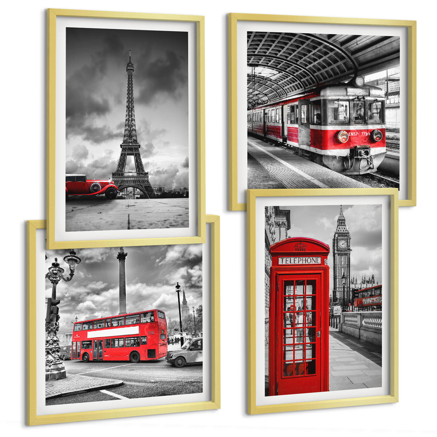 BILDER SET 4er Set - 50x50 cm & 40x60 cm Goldrahmen - Ikonische Städte London Paris Eisenbahn - Goldfarben, Kunststoff (50/50cm) - TULUP