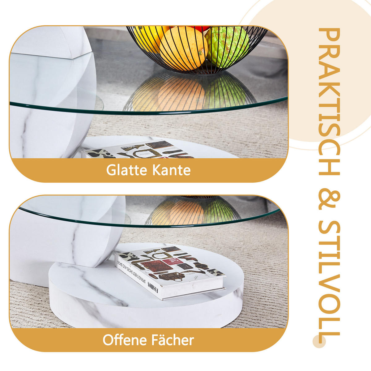COUCHTISCH in Weiß Wohnzimmertisch mit zwei Ebenen aus Sicherheitsglas für Wohnzimmer, B90/T70/H44 cm - Transparent/Weiß, Glas/Holzwerkstoff (70/90/44cm) - STILVORA