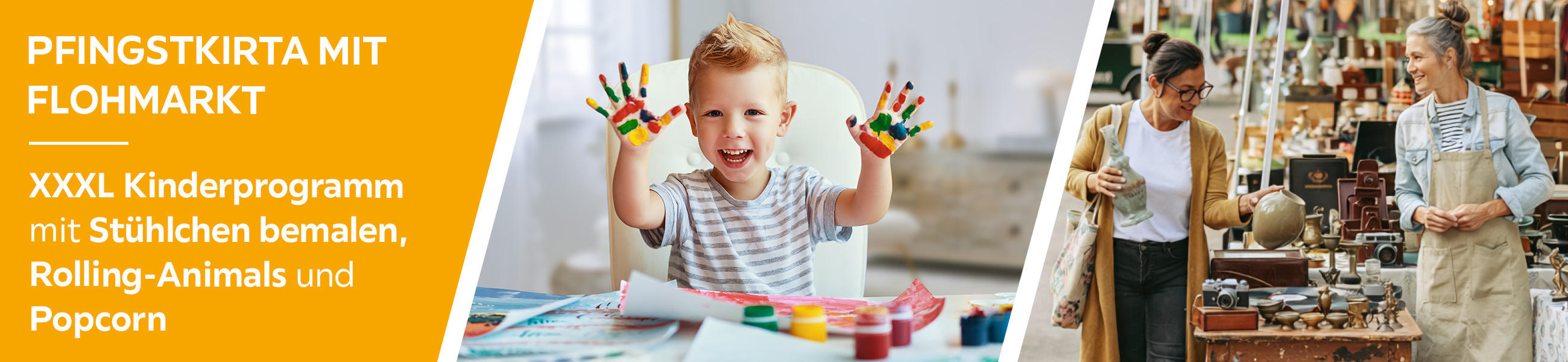 PFINGSTMARKT FLOHMARKT: XXXL Kinderprogramm mit Stühlchen bemalen, Rolling-Animals und Popcorn.