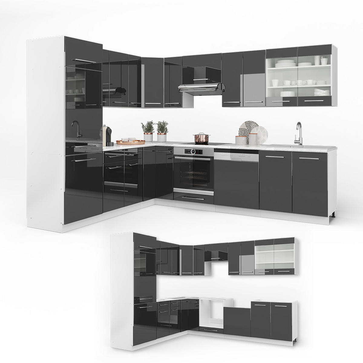 ECKKÜCHE Fame-Line Anthrazit 227 x 60 cm ohne AP - Schwarz Hochglanz/Anthrazit, Holzwerkstoff (287/81.6/46cm) - Vicco