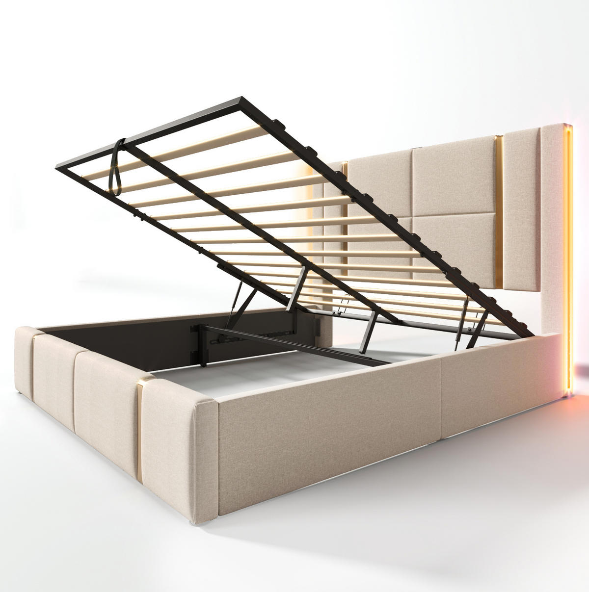 POLSTERBETT mit Stauraum, LED & USB/Typ-C 160x200 cm Beige - Beige, Metall (160/200cm) - Meubliv
