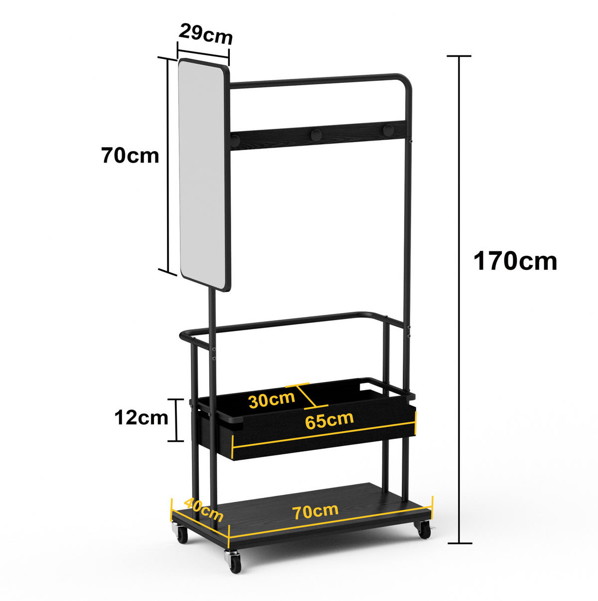 STANDGARDEROBE 70/40/170 cm mit Spiegel, Kleiderstange und Schuhablage in Schwarz - Schwarz, Holzwerkstoff (70/170/40cm) - BEAOK