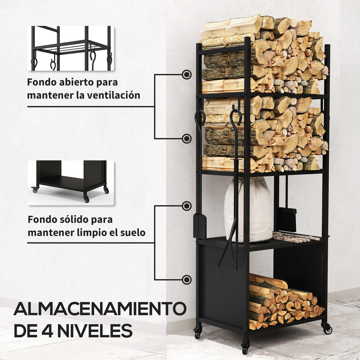 HOLZREGAL, 4-stöckiges Regal 45 x 30 x 118 cm Schwarz - Multicolor, Kunststoff (30/118/45cm) - FORIOUS