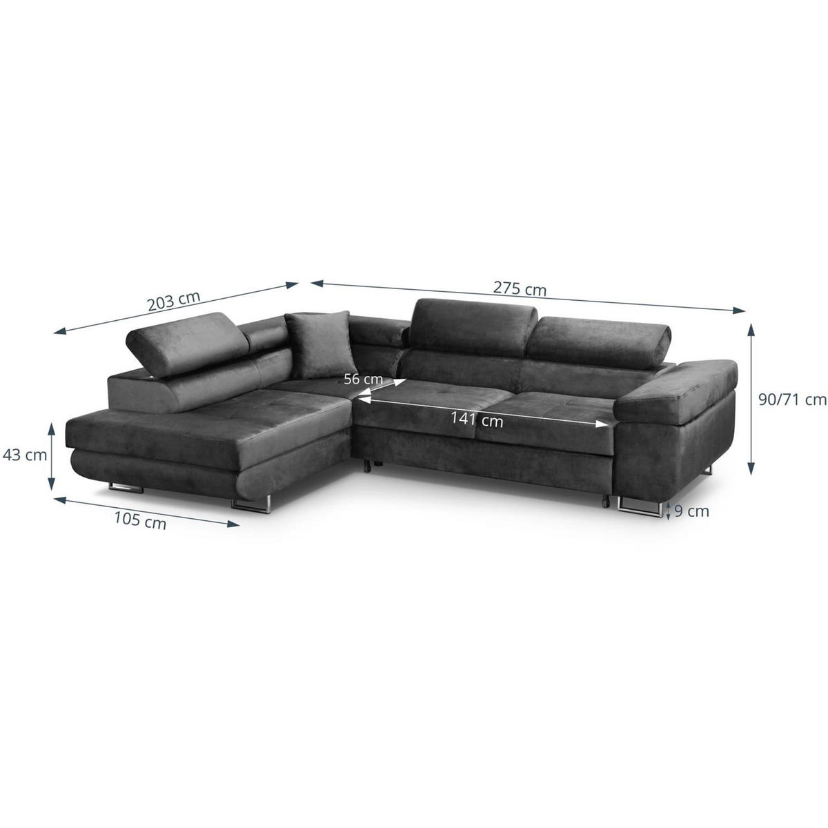 ECKSCHLAFSOFA Waldo verstellbaren Kopfstützen, Grau, links - Schwarz/Grau, Textil (275/203cm) - Beautysofa