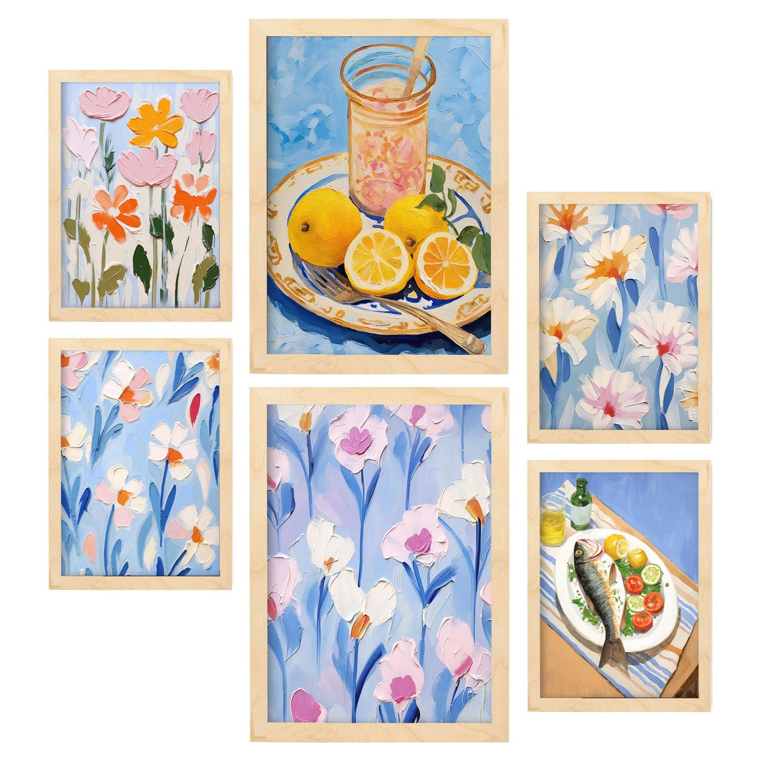 POSTER Set Mit 6 Blauer Sommer In Foodies A3 & A4 Rahmen Aus Hellem Holz - Beige, Papier (29/3cm) - Nacnic