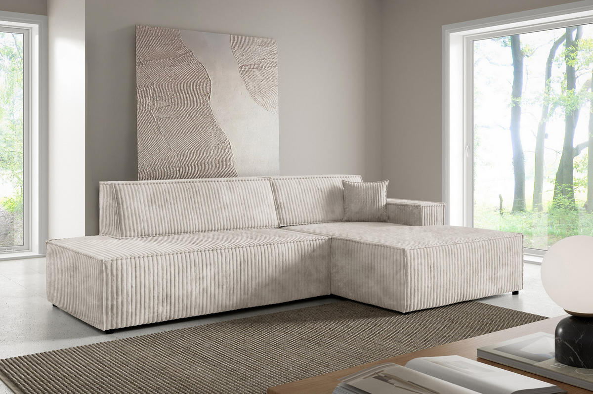 ECKSOFA TESSO R-S Creme Kordstoff mit Schlaffunktion - Creme, Holz (247/170cm) - MASSENO