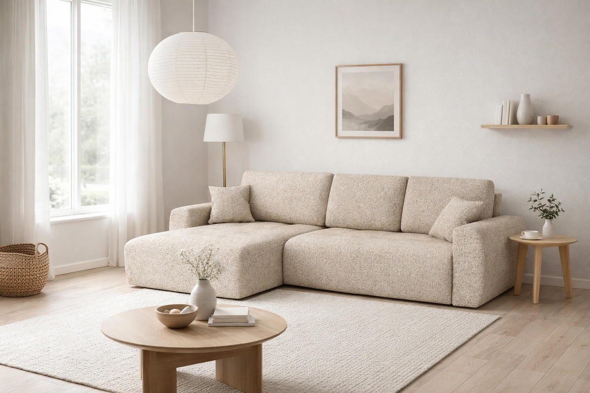 ECKSOFA Mit Schlaffunktion Und Bettkasten L-Form Ivo XL, Chenille-Stoff Artico, Beige, Links - Beige, Holz (280/142cm) - Kaiser Möbel