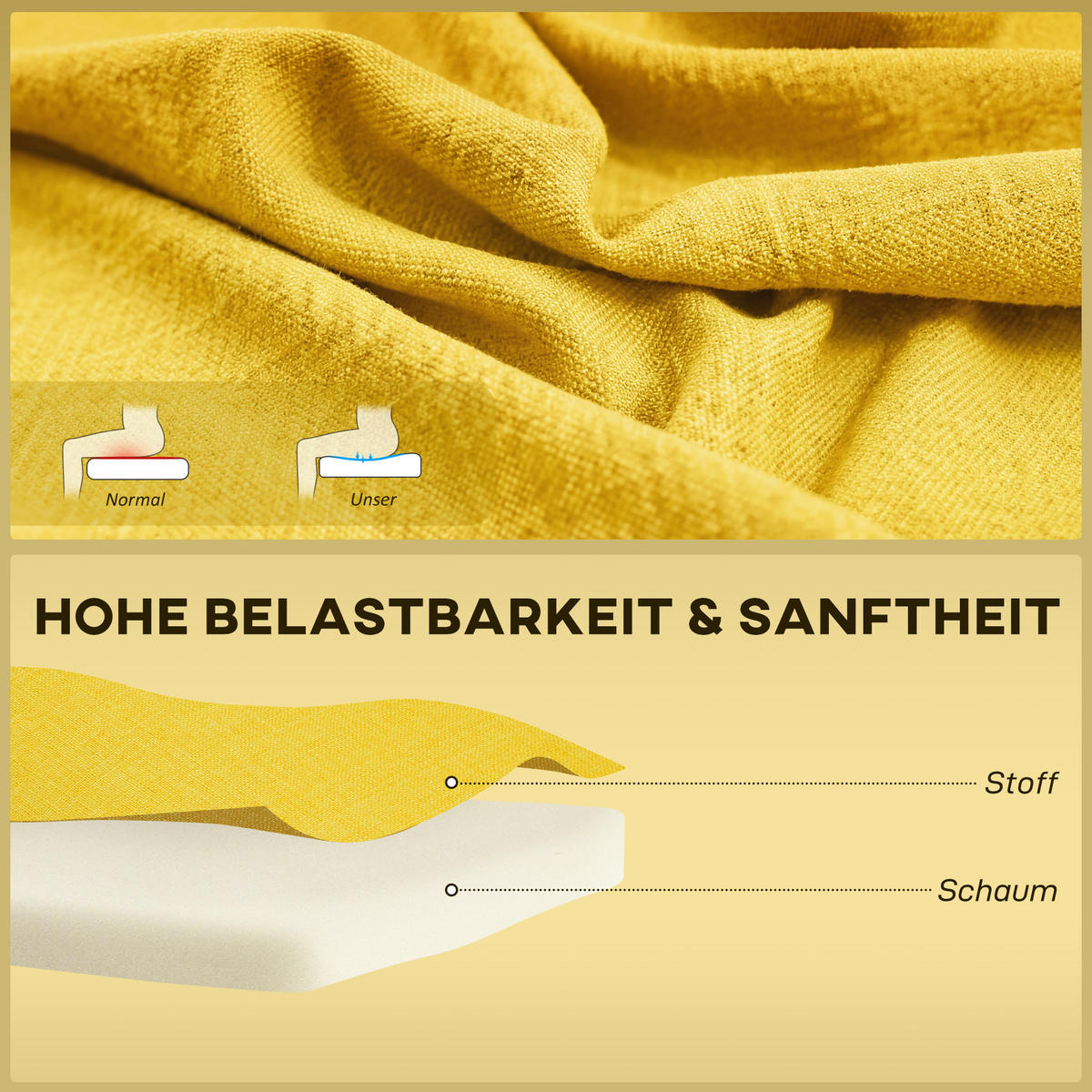 SOFA 2-Sitzer Couch Stoffsofa Sitzmöbel Polstersofa Loungesofa breit Gelb - Gelb/Naturfarben, Holz/Textil (56.5/77/117cm) - HOMCOM