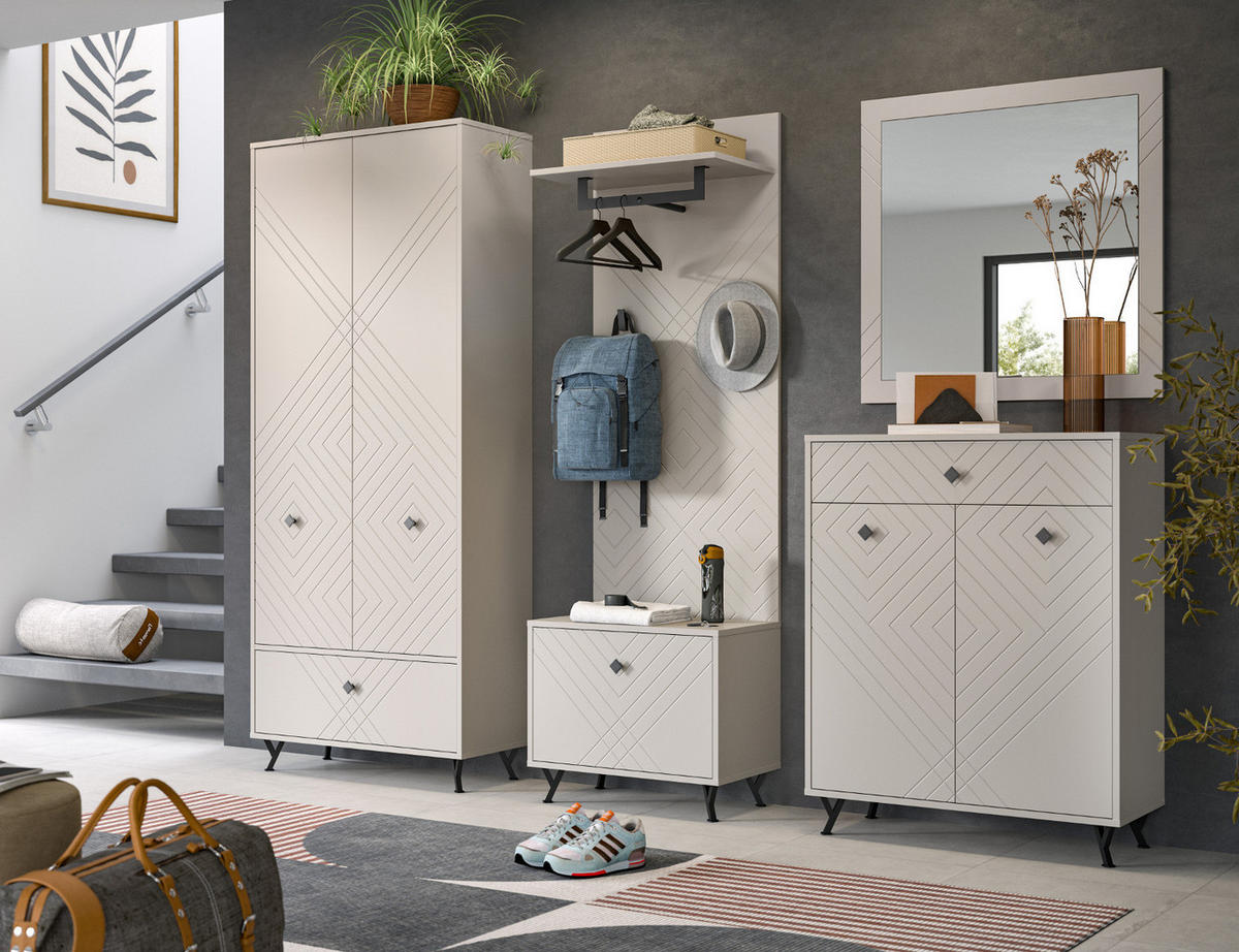 GARDEROBE Set 4-teilig Sand matt 155 cm, Garderobenkombination mit Fräsungen - Sandfarben/Beige, Glas/Holzwerkstoff (155/190/35cm) - Inn.Furn