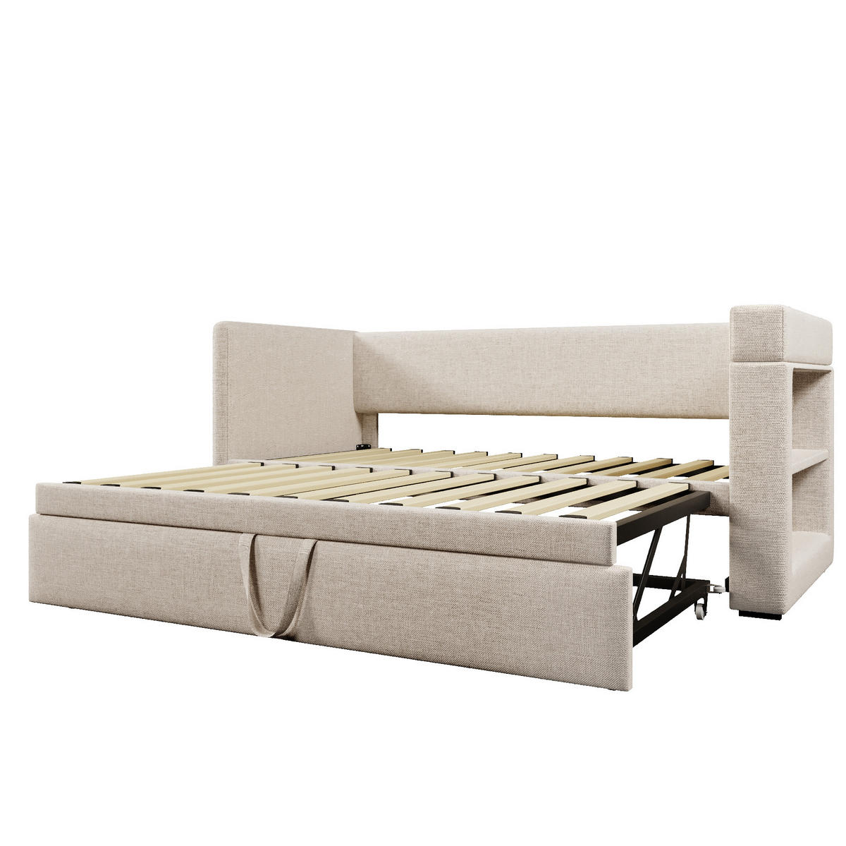 ROZKLÁDACÍ postel 90/190 cm béžová z bavlny a lnu s výsuvným lůžkem a USB nabíjením - béžová, textil (90/190cm) - OKWISH