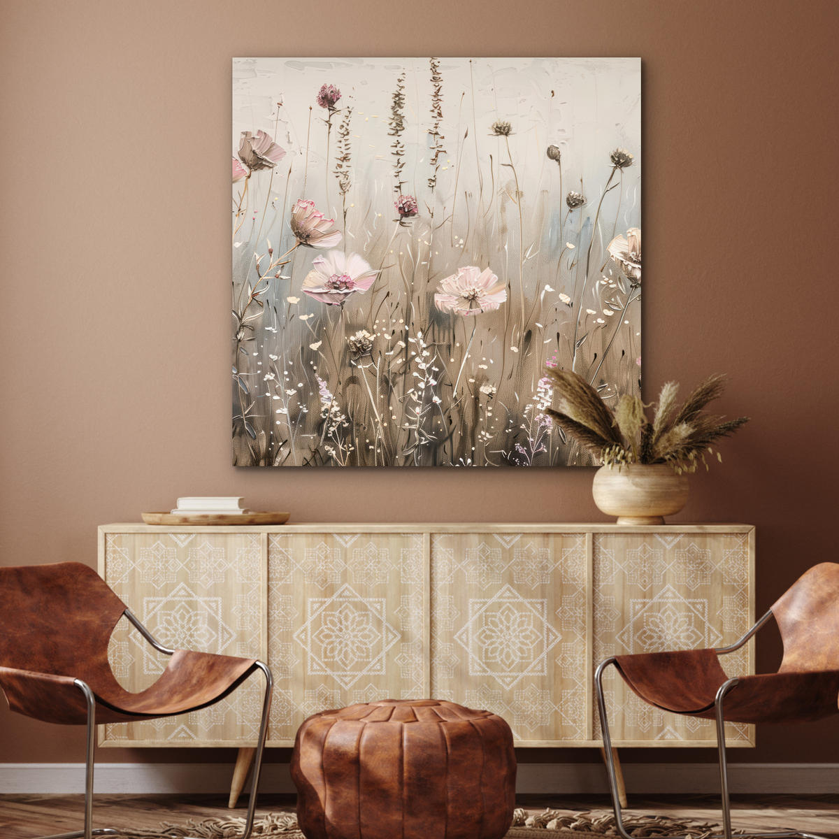 KOVOVÝ OBRAZ Kvety - Ružová - Moderné - Béžová 90x90 cm - béžová, kov (90/90cm) - MuchoWow