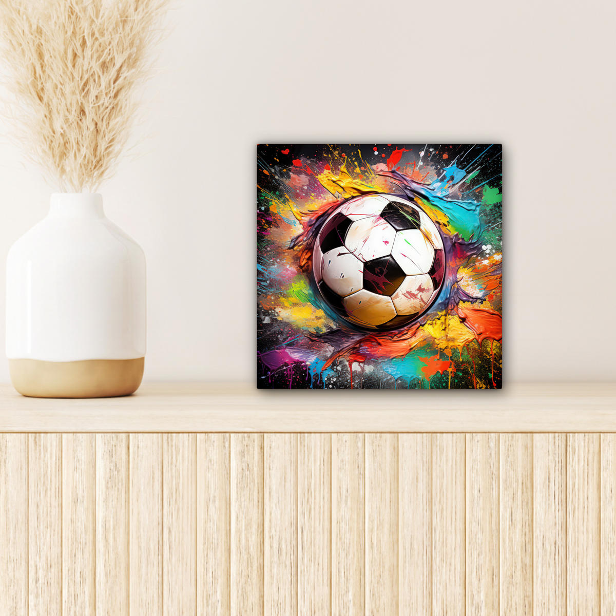 LEINWANDBILD Fußball - Farbe - Farben - Schwarz - Weiß Deko Wohnzimmer 20x20 cm - Weiß, Textil (20/20cm) - MuchoWow