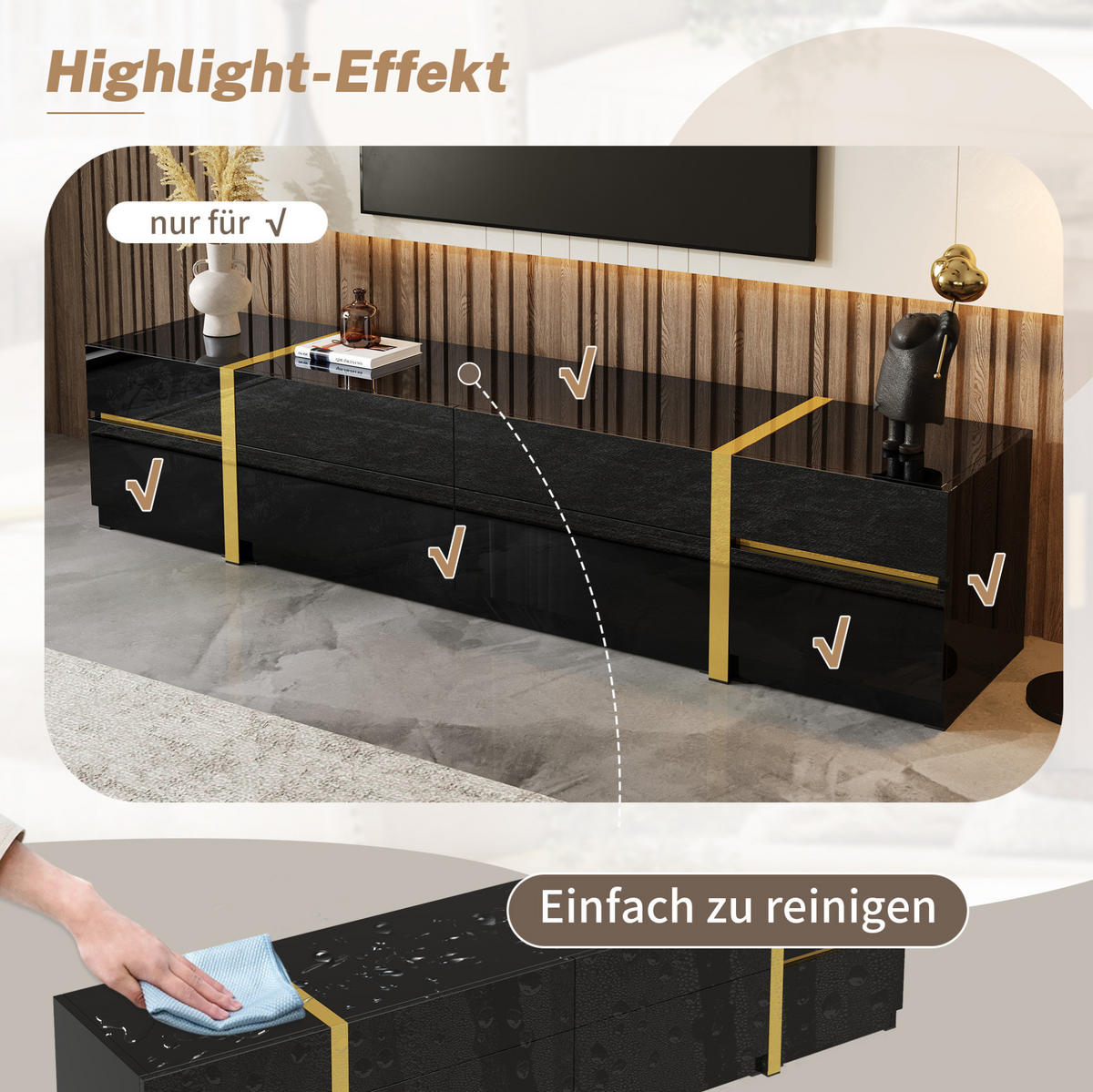 LOWBOARD 180/40/38 cm aus MDF und Holzwerkstoff mit Hochglanzfront und 4 Schubladen Schwarz - Schwarz, Holzwerkstoff (180/38/40cm) - Modenvie