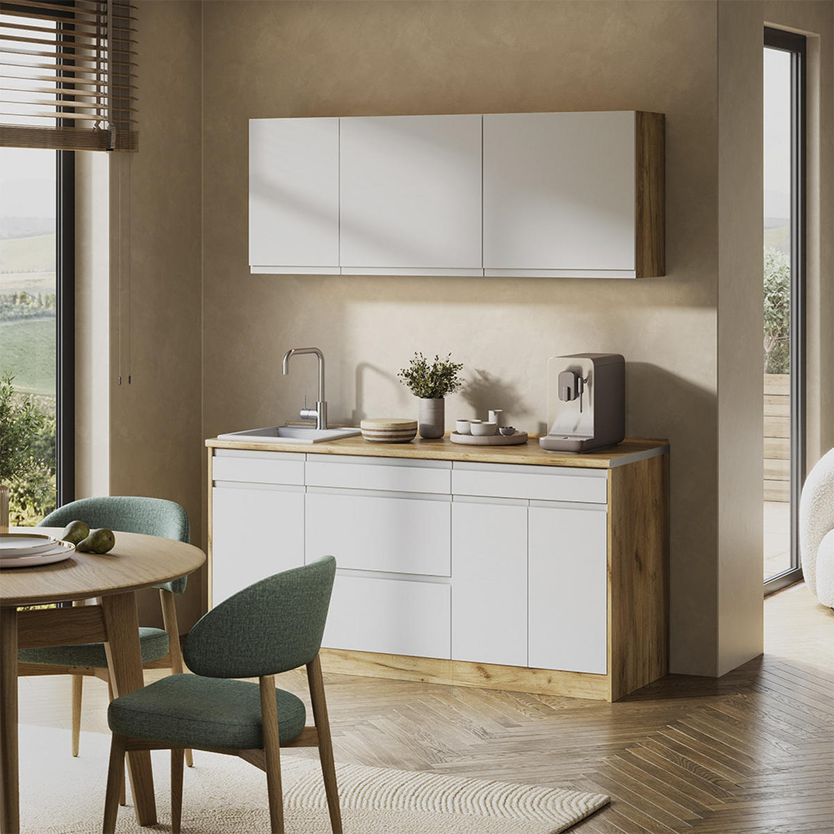 SINGLEKÜCHE R-Line, Weiß/Goldkraft Eiche, 160 cm Arbeitsplatte Platin - Eichefarben/Weiß, Holzwerkstoff (160/81.6/60cm) - Vicco
