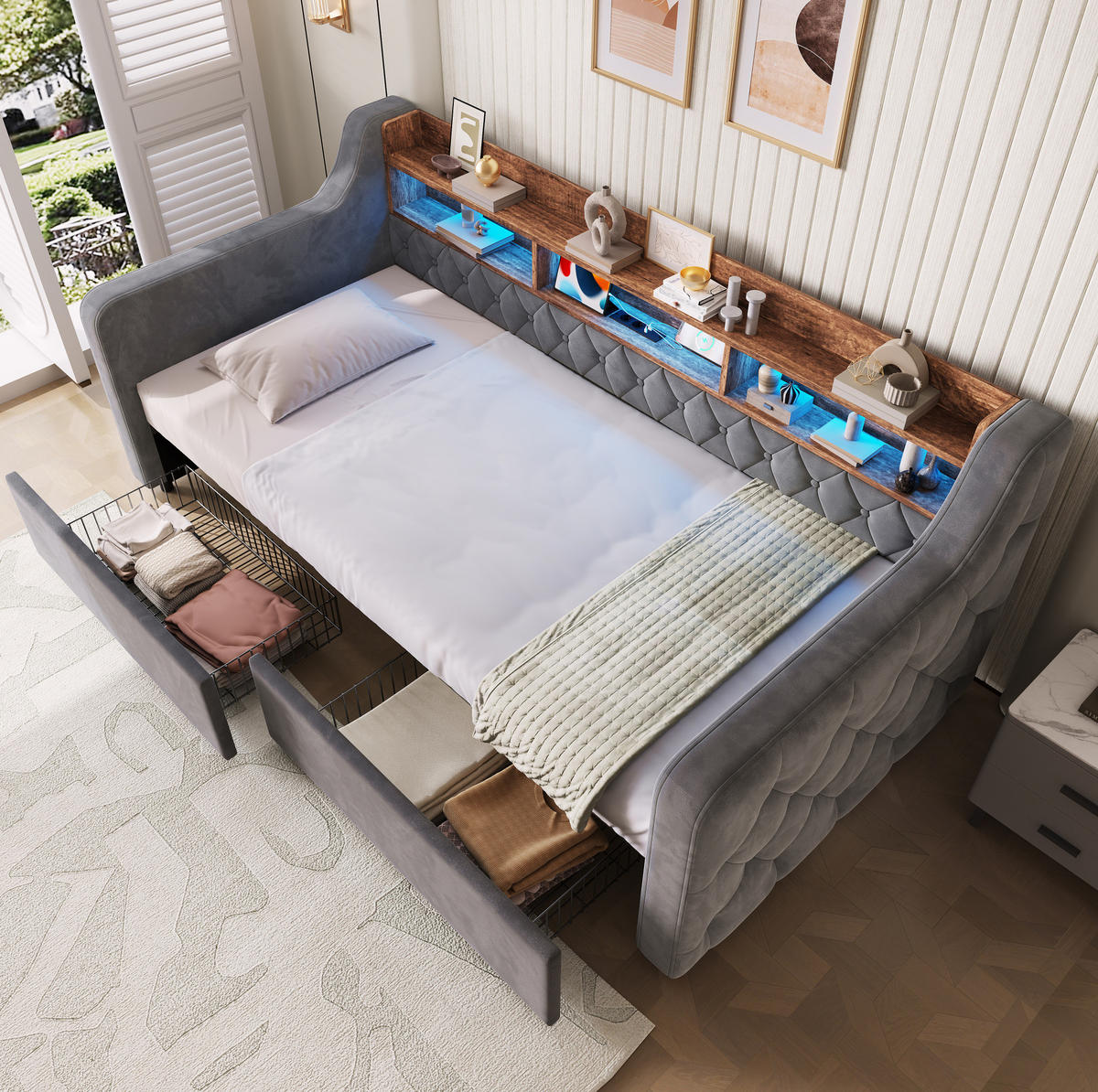 POLSTERBETT aus Velvet 90x190 cm Dunkelgrau mit LED-Beleuchtung, Ladeanschlüssen und 2 Schubladen - Dunkelgrau, Textil (90/190cm) - Modfu