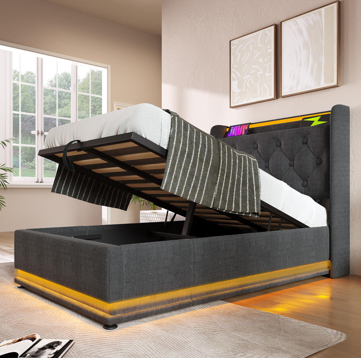 POLSTERBETT 90/200 cm Grau mit Stauraum, LED-Beleuchtung und USB- und Type-C-Anschlüssen - Grau, Textil (90/200cm) - Flora Grace