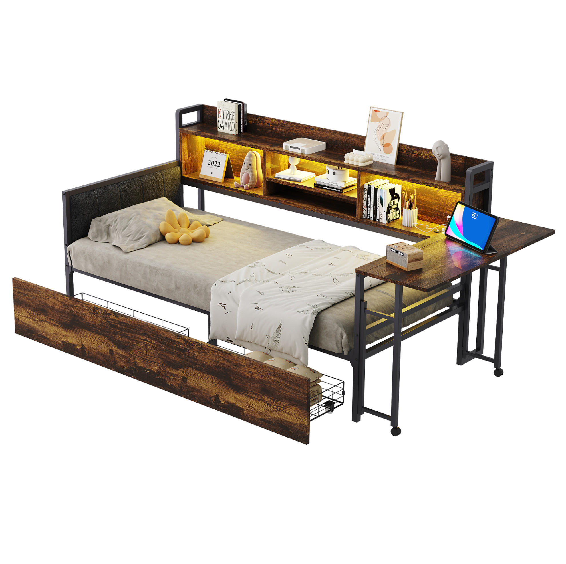 MULTIFUNKTIONSBETT aus Metall 90x200 cm Weiß/Holzfarbe mit LED, Steckdose, ausziehbarem Schreibtisch und 2 Schubladen - Naturfarben, Metall (90/200cm) - Modfu