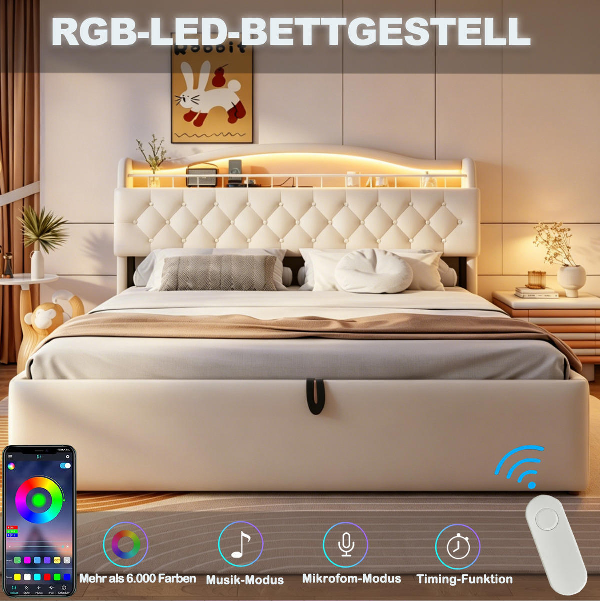 POLSTERBETT 180/200 cm aus Stoff und Metall mit Stauraum, Beige - Beige, Textil (180/200cm) - OKMYHOME