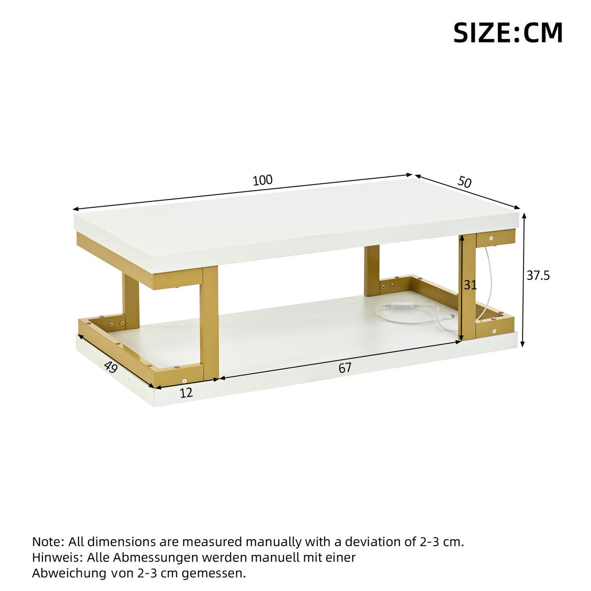 COUCHTISCH in Weiß und Gold mit LED-Beleuchtung für Wohnzimmer und Esszimmer, B100/T50/H37,5 cm - Goldfarben/Weiß, Holzwerkstoff/Metall (50/100/37.5cm) - STILVORA