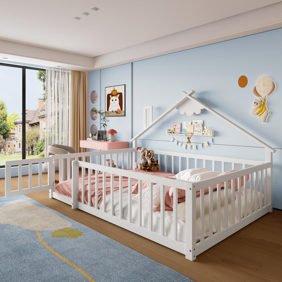 FLACHBETT 140x190cm Weiß Kiefer Kinderbett Hausleiste Geländer - Weiß, Holz (140/190cm) - FLIEKS