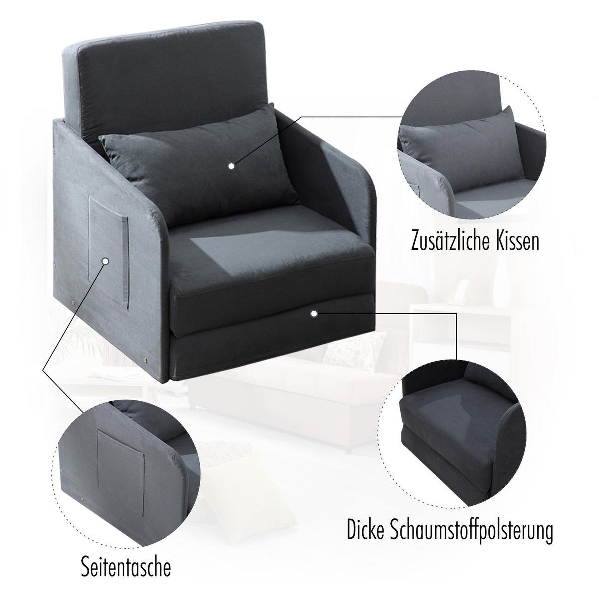 SCHLAFSESSEL Wildlederimitat Metall Grau - Grau, Kunststoff (76/77/70cm) - HOMCOM