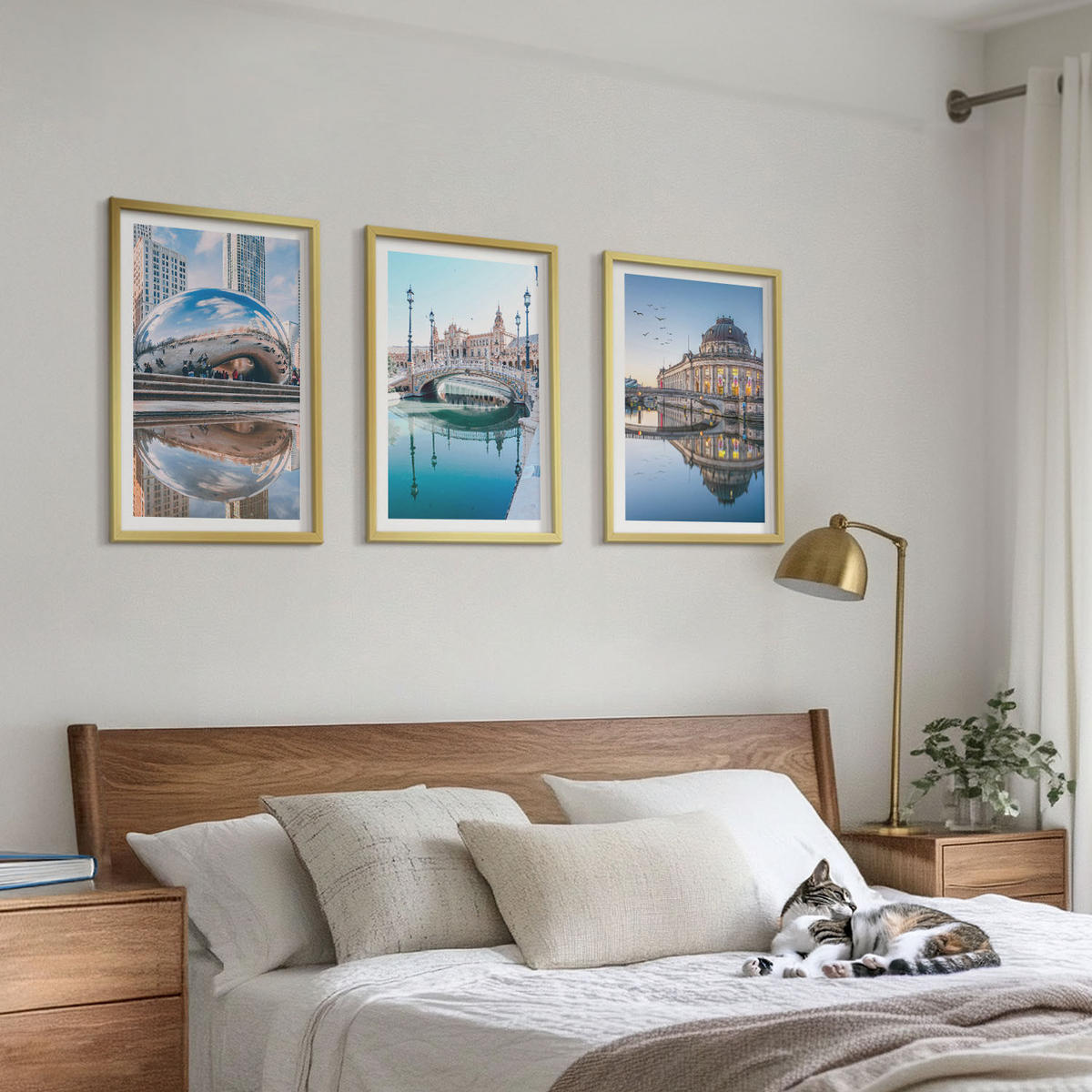 WANDBILDER 3er Set - 40x60 cm Goldrahmen - Architektur von Städten am Wasser - Goldfarben, Kunststoff (40/60cm) - ArtPrintCave