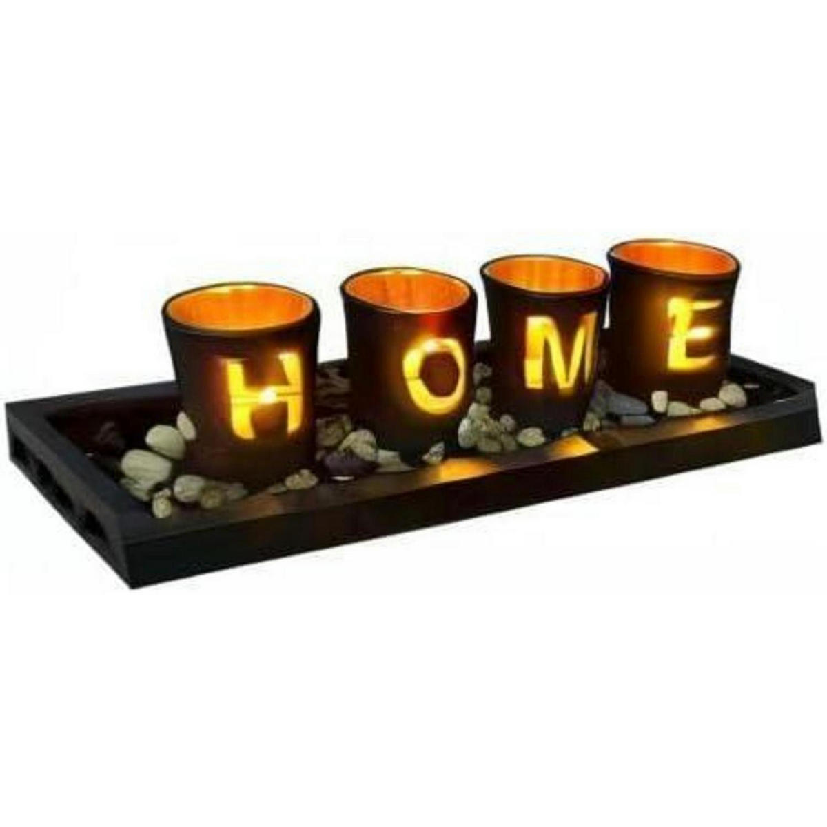 TEELICHTHALTER Set Schwarz Gold mit Holztablett - Braun, Glas (1cm)
