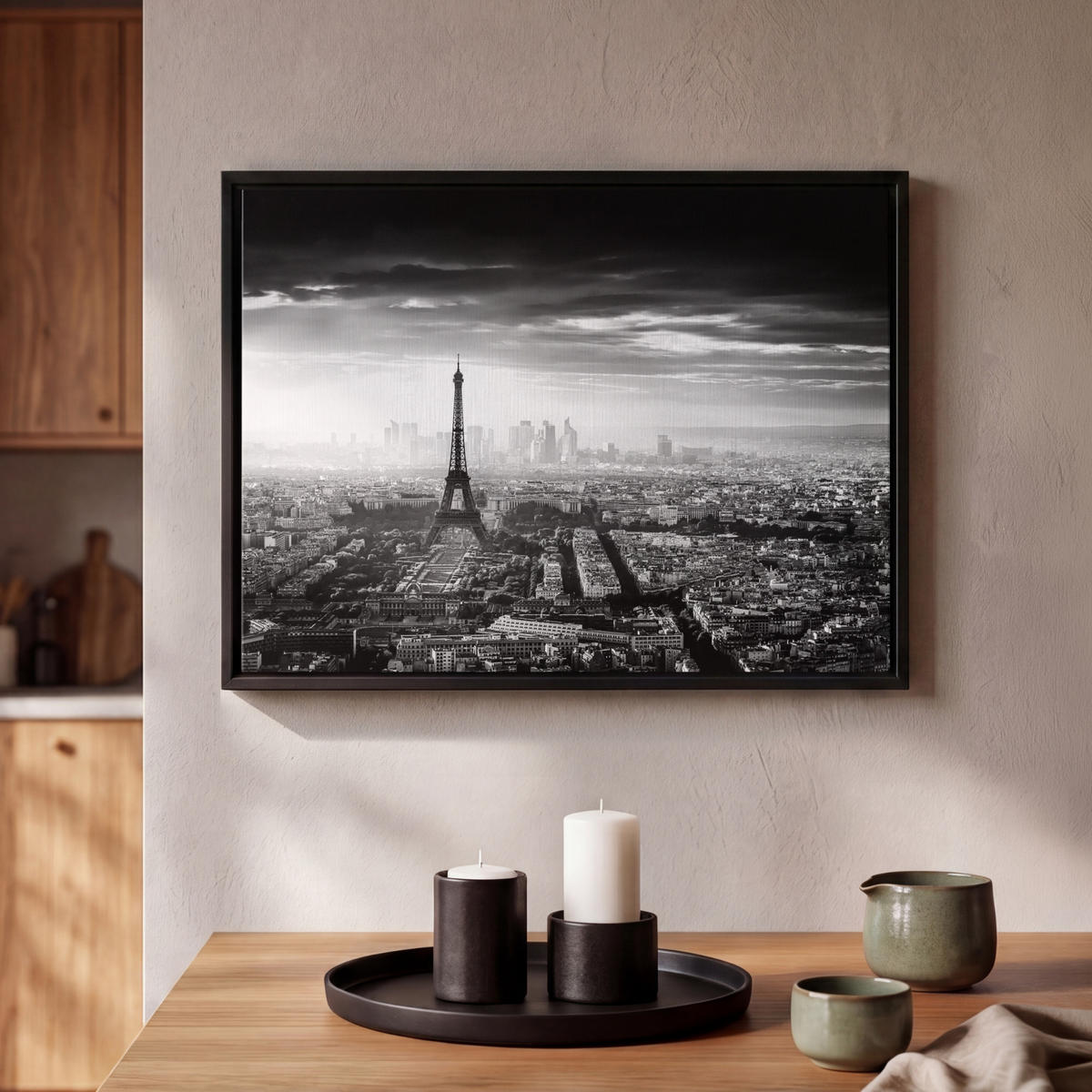 LEINWAND Bilder mit Rahmen - Paris - Skyline - Eiffelturm - Stadt - Wolken - 40x30 - Dunkelgrau, Textil (40/30cm) - MuchoWow