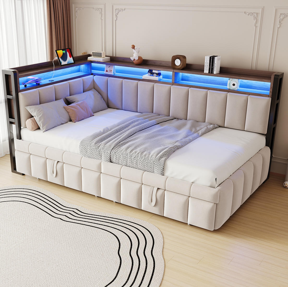 BETT 90/200 cm in Beige mit Ausziehbett, LED und USB-C - Beige, Textil (90/200cm) - BEAOK