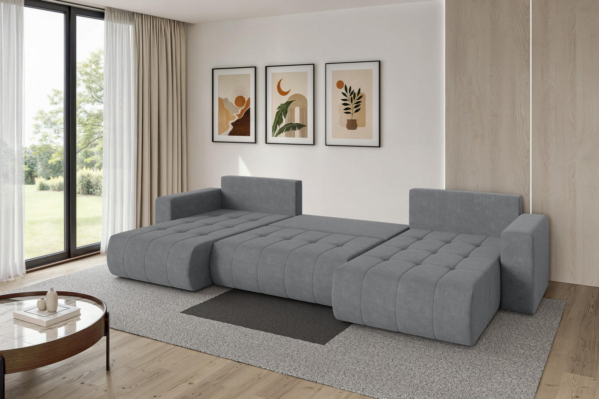 SEDACÍ SOUPRAVA DO U s funkcí spaní a úložným prostorem MILA-U 378x194x86 šedá velur - černá/šedohnědá, kompozitní dřevo/textil (378/86/194cm) - ALTDECOR