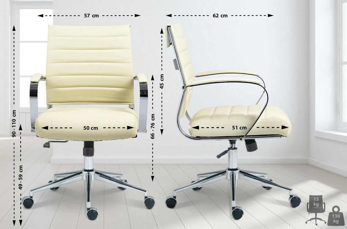BÜROSTUHL Rynex Kunstleder creme - Chromfarben/Creme, Metall (57/100/62cm) - TPFLiving