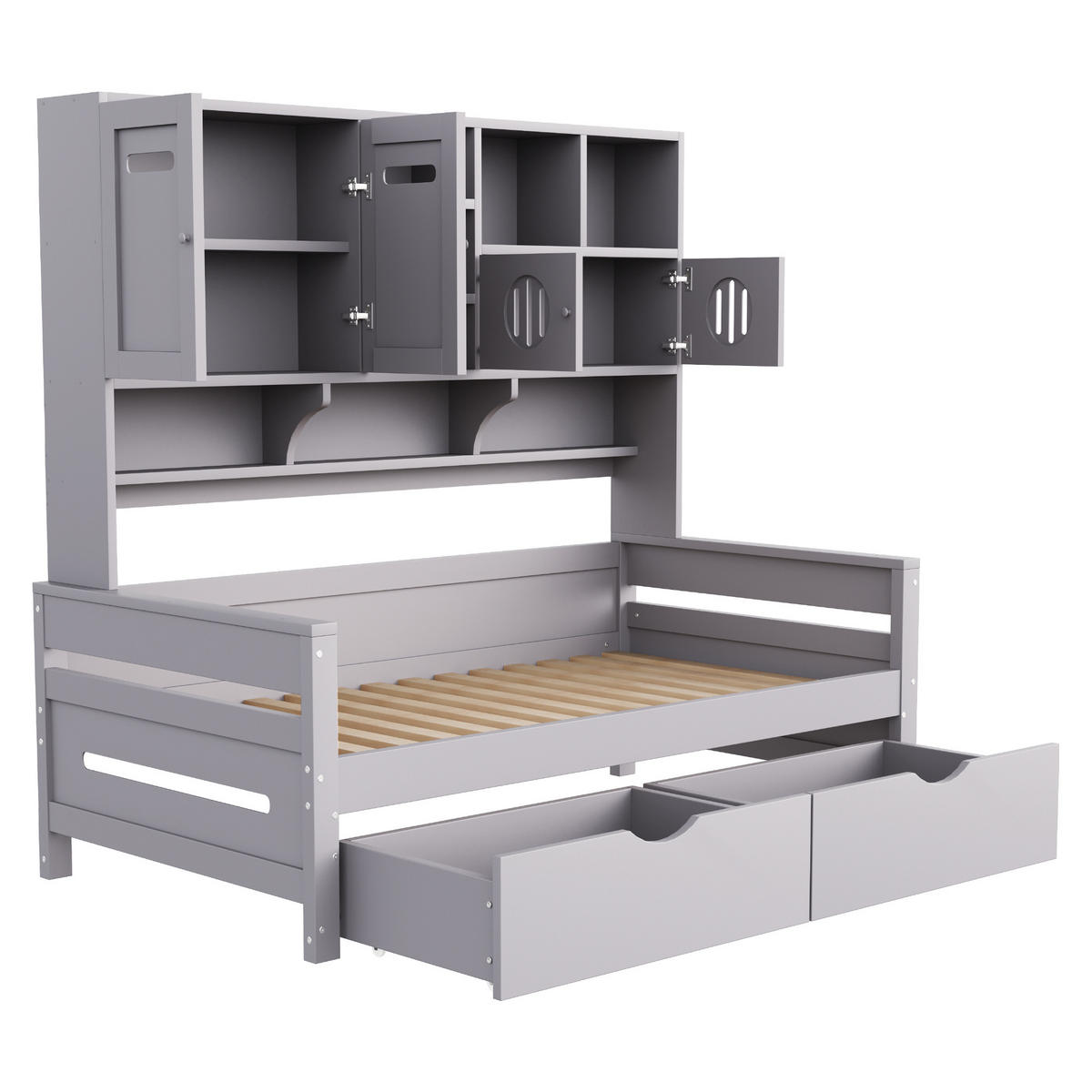 STAURAUMBETT 90/200 cm DE-01412, in Grau, mit 2 Schubladen und Staufächern - Grau, Holz (90/200cm) - ComfortXL