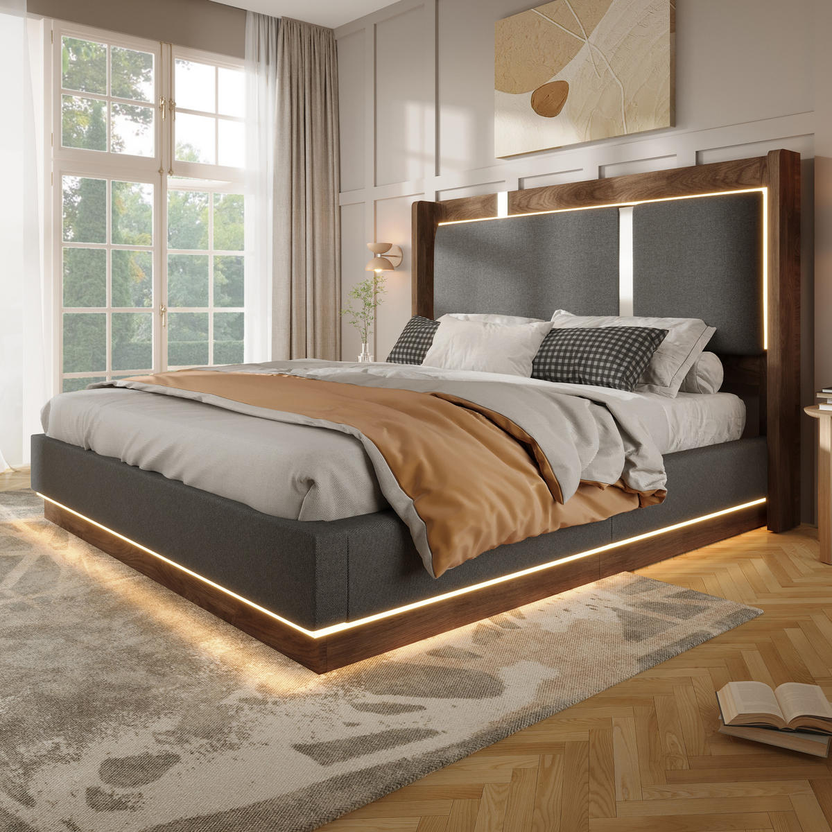 POLSTERBETT 140/200 cm Grau mit LED und Bettkasten, ohne Matratze - Grau, Textil (140/200cm) - Oxeza