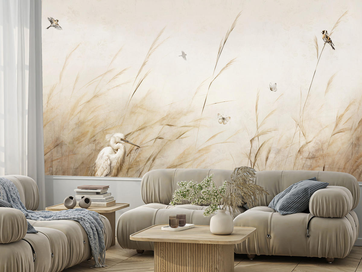 FOTOTAPETE für Schlafzimmer Vögel Storch Hohe Gräser Aquarell 150x105 - Beige/Gelb, Papier (150/105cm) - Muralo