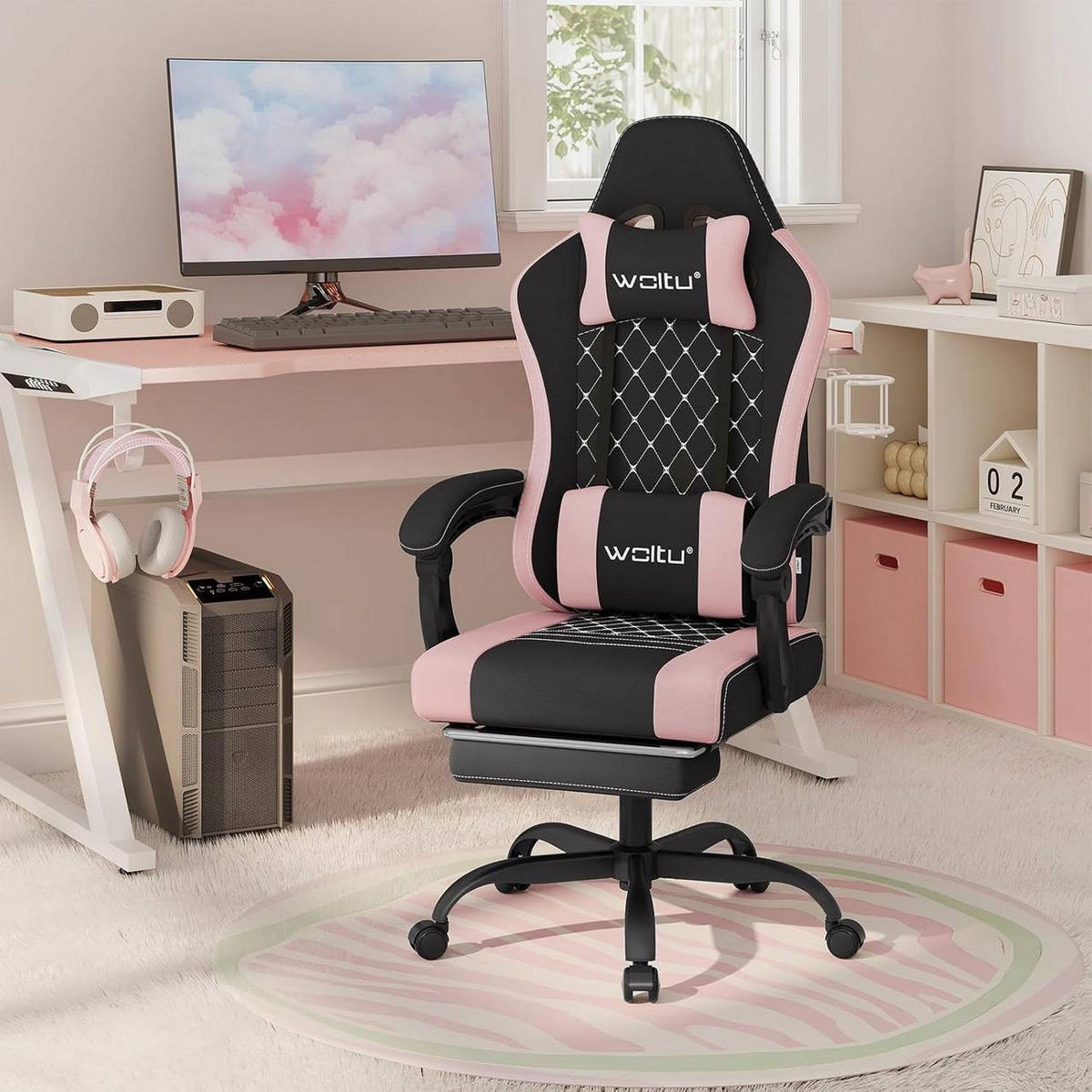 GAMINGSTUHL mit Massagefunktion, Netzstoff, Schwarz+Rosa - Schwarz/Rosa, Textil/Metall (70/127/70cm) - Woltu