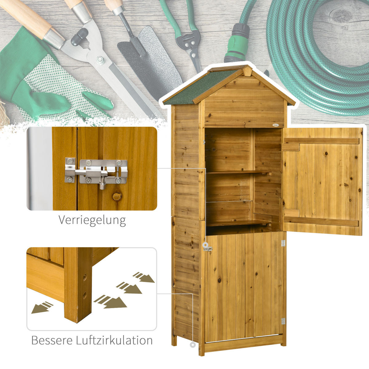 GERÄTEHAUS Gartenschrank Gartenhaus, 2 Regale, 2 Türen, wetterfest, Tanne, Naturholz - Fichtefarben, Holz (49/191.5/79cm) - Outsunny