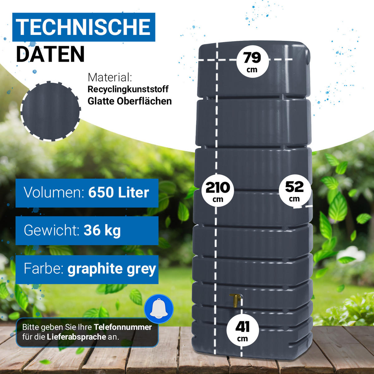 WANDTANK 650 L graphite grey - Grau, Kunststoff (79/210/52cm) - 4rain